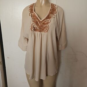 Calypso St. Barth Cream Blouse with Brown Detailing